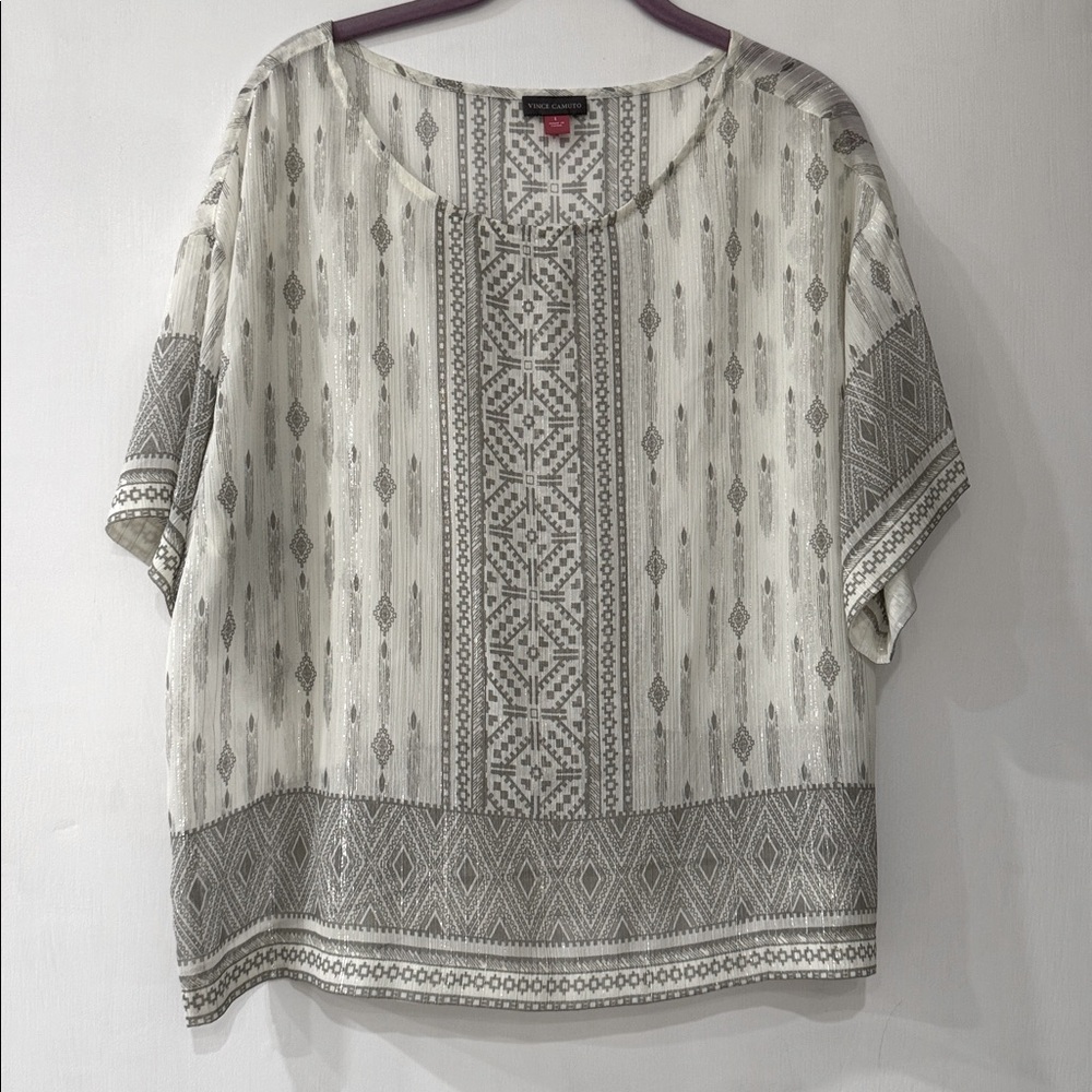 Vince Camuto White Gray Diamond Geometric Metallic Sheer Blouse Size Large